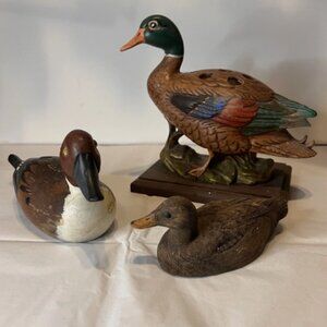 Lot of 3 Ducks. 1 is ceramic pencil pen holder on base. 2 Wood. 1 signed. C2